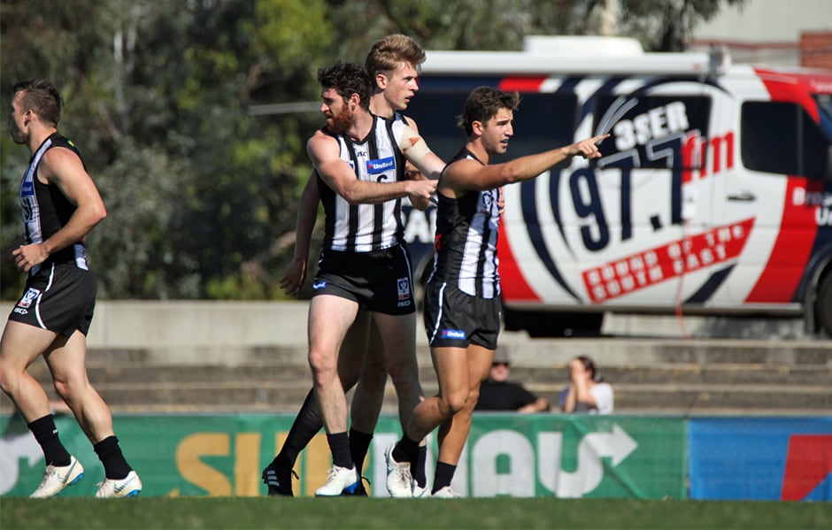 190420_940_Daicos.jpg Josh Daicos celebrates a first quarter goal. Photo: Shane Barrie - Collingwood,Collingwood Magpies,VFL,Daniel Wells